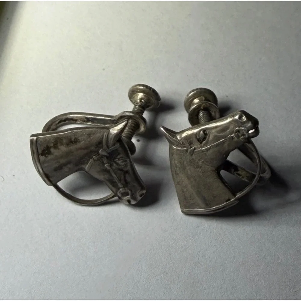 Vintage Sterling Silver 925 Horse Screw On Pair of Earrings Stamped STERLING